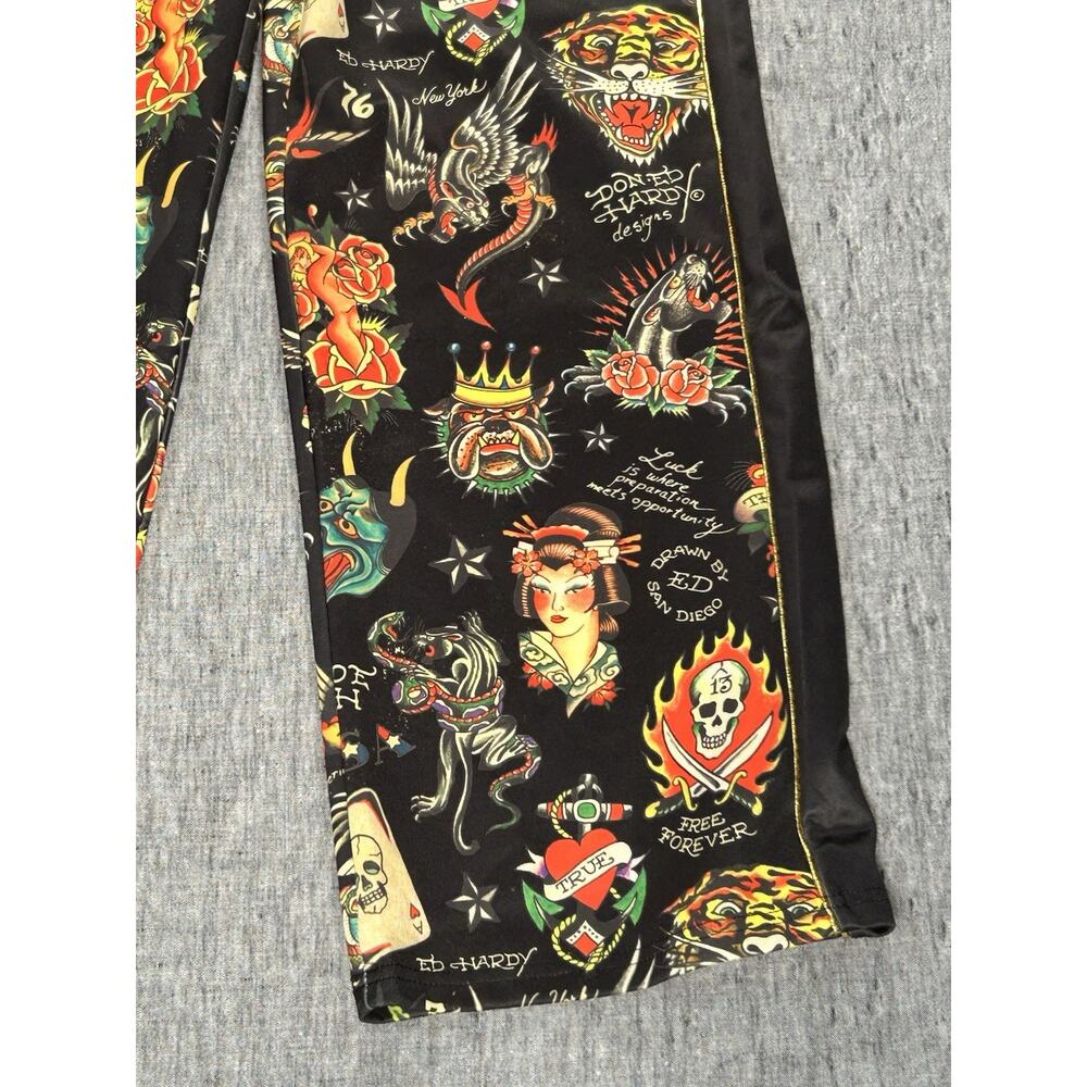 Ed Hardy Flashboard Track Pants Womens Small Black Stretch Embroidered Tattoo - Picture 7 of 16